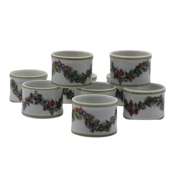 Set-9 Christmas Theme Bone China Napkin Rings w/Festive Ornament & Holly Design - Picture 1 of 3